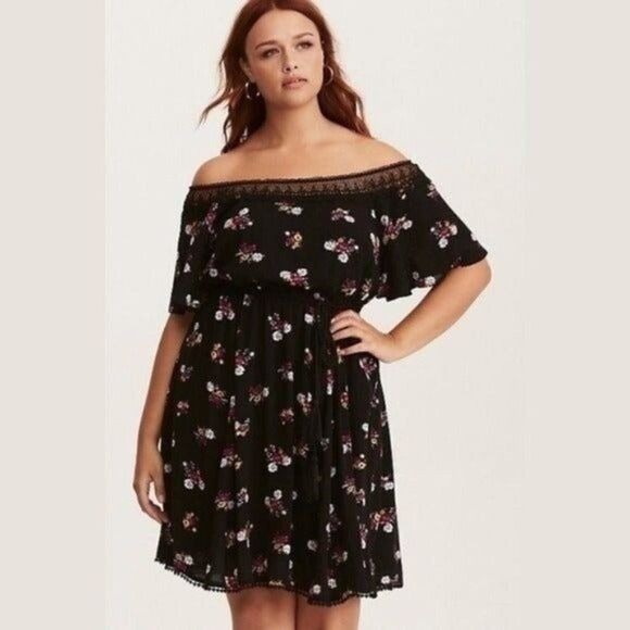 Torrid Black Floral Lace Off The Shoulder Boho Dress 0 Large - Picture 1 of 11